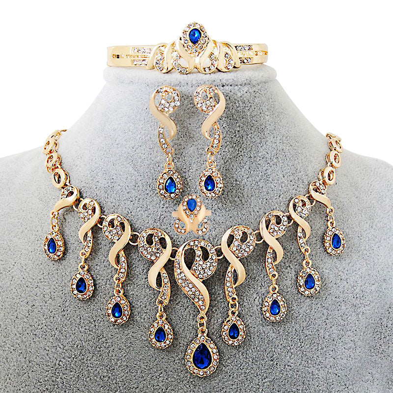 Elegant African Bridal Jewelry Set – Gold-Plated CZ Crystal Necklace, Earrings, Bracelet & Ring